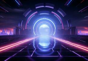 Ai Generative Neon illuminated futuristic backdrop realistic image, ultra hd, high design very detailed photo