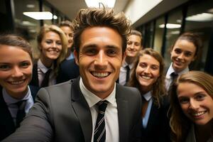 Ai Generative group of happy business man and business women, dressed in suits are smiling, in the office photo