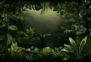 Ai Generative Beautiful jungle background with border made of tropical leaves backdrop with copy space photo