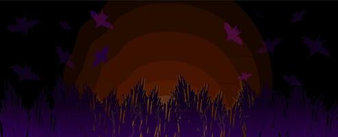 Vector Halloween background horizontal banner with bats, dry bushes, magical glow, moonlight, glow.