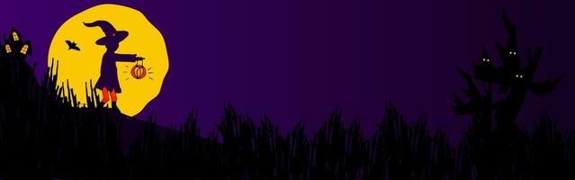 Vector Halloween background horizontal banner with bat, witch, house, tree, eyes glow, moon, bushes.