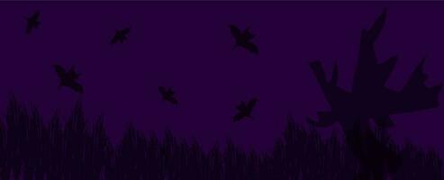 Vector Halloween background horizontal banner with bats, dry bushes, tree. Advertising copy space.