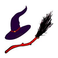 Vector attributes of a witch hat and broom. Halloween Magical, occult objects of witchcraft.