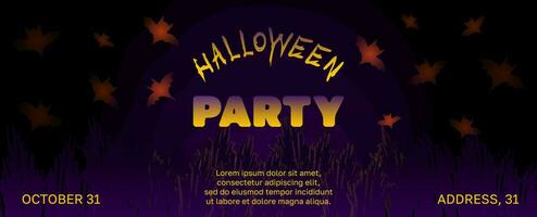 Vector Halloween background horizontal banner withbats, bushes. Advertising copy space.