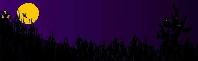 Vector Halloween background horizontal banner with bat, house, tree, eyes glow, moon, bushes.