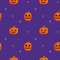 Seamless pattern with cute pumpkin, stars on purple  background. Cartoon flat vector style. Baby texture for fabric, wrapping, textile, wallpaper, clothing, greeting cards.