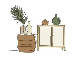 Continuous one line drawing of bedside table and vases. Vector illustration