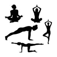 Collection of women silhouettes yoga poses. vector