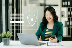 Cyber security concept, Login, User, identification information security and encryption, secure access to user's personal information woman using smart phone and tablet photo