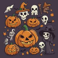 Halloween graphic elements - pumpkins, ghosts, zombie, owl, cat, candy and others. Hand drawn set. Vector Illustration
