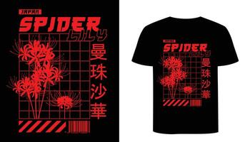 japonés araña lirio vector obra de arte anime camiseta diseño. japonés caligrafía ropa de calle ilustración. rojo flor gráfico en japonés Arte estilo.