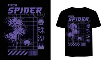 japonés araña lirio vector obra de arte anime camiseta diseño. japonés caligrafía ropa de calle ilustración. púrpura flor gráfico en japonés Arte estilo.