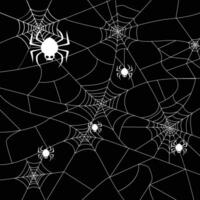 Halloween spiderweb vector background with spiders. Minimal Halloween  Pattern With White Spider Web on Black Background.