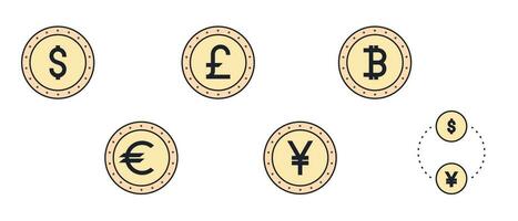 This is a set of colored contour coin icons vector