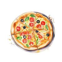 Hand drawn slice of pizza. Watercolor sketch isolated on white background. Vector illustration for food design