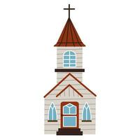 Isolated religious wooden white church with tower and cross. Spiritual architecture collection. Flat vector illustration on white background.