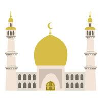 Isolated religious mosque with two towers and crescent moon. Spiritual architecture collection. Flat vector illustration on white background.