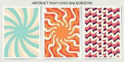 Set of abstract wavy lines. Sunburst, swirl, grunge, waves retro groovy color for vintage vibes poster. Flat vector background isolated.