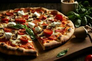 Delicious pizza with mozzarella on a chocolate wooden board on a table and decorated with tomato. Pro Photo