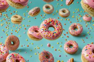 Delicious donuts of multicolored sweet doughnuts with sprinkle. Pro Phot photo