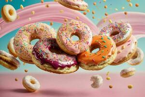 Delicious donuts of multicolored sweet doughnuts with sprinkle. Pro Phot photo