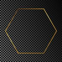 Gold glowing hexagon frame isolated on dark background. Shiny frame with glowing effects. Vector illustration.