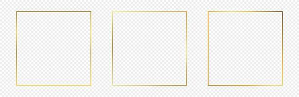 Set of three gold glowing square frames isolated on background. Shiny frame with glowing effects. Vector illustration.