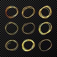 Hand drawn scribble circles.  Set of nine gold doodle round circular design elements on dark background. Vector illustration