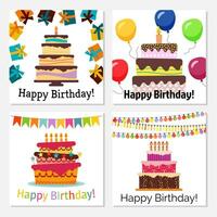 Set of four greeting cards with sweet cake for birthday celebration. Vector illustration