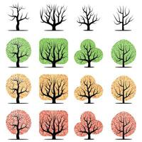 Set of sixteen vector tree with green, yellow, red leaves and  without leaves isolated on a white background