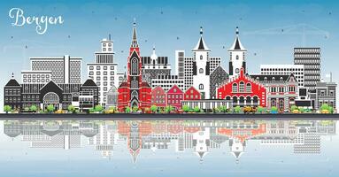 Bergen Norway City Skyline with Color Buildings, Blue Sky and Reflections. Bergen Cityscape with Landmarks. vector