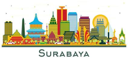 Surabaya Indonesia Skyline with Color Buildings isolated on white. vector