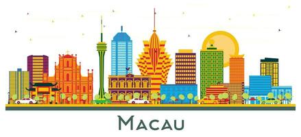 Macau China City Skyline with Color Buildings isolated on white. vector