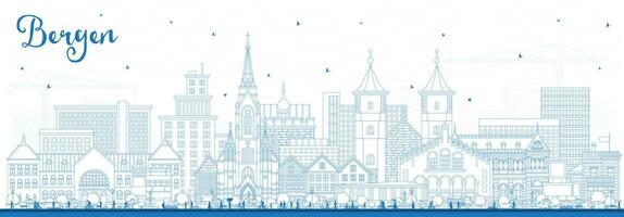 Outline Bergen Norway City Skyline with Blue Buildings. Bergen Cityscape with Landmarks. vector