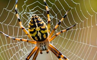 obra maestra en seda, un Exquisito vislumbrar dentro el intrincado arte de un araña Costura sus web. ai generado foto