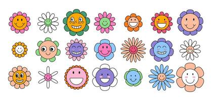 Cartoon Color Groovy Flower Characters Daisy Set. Vector