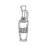 Antique jug with ornament. Vessel made of baked clay, ceramics. Homemade dishes. Doodle. Vector illustration. Hand drawn. Outline.