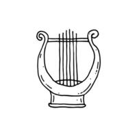 Ancient harp, drenegreek style. Lyre is a plucked string musical instrument. Doodle. Hand drawn. Vector illustration. Outline.