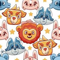 Vector pattern of cute animals in cartoon style - lion, raccoon, koala, dog, cat, rabbit.