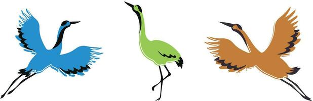 vector flat illustration of 3 stylized flamingo birds. get ready to fly. Look for something to eat.