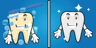 Cute tooth character laughing happily. Steps to clean tooth stains. from unhealthy teeth to healthy teeth. Illustration for children. vector flat illustration