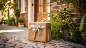 elegante regalo tienda entrega, postal Servicio y lujo en línea compras, paquete o empaquetar caja con un arco en un casa peldaño en el campo, generativo ai foto