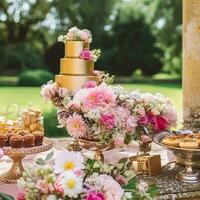 Boda pastel con floral decoración, fiesta celebracion y fiesta postre abastecimiento en un país jardín, generativo ai foto