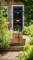 Postal service, home delivery and online shopping, parcel box on a house doorstep in the countryside, generative ai photo