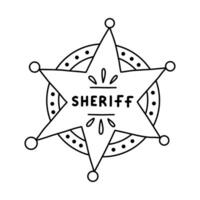 Sheriff badge doodle in the star shape with hand drawn outline. Cute hexagonal emblem of western police, sign of law, security, justice. Wild West cowboy symbol with shields isolated on background. vector