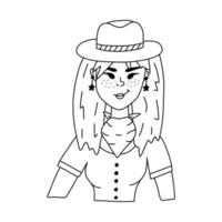 Hand drawn stylish young cowgirl wearing hat, bandana, t-shirt and star earrings. Cute doodle portrait of cow girl of Wild west. Vector western female character for print design, poster, cowboy party.