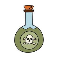Simple hand drawn poison bottle with skull and bones mark on the label. Cute doodle with outline of toxic, dangerous chemical liquid. Alchemy or magician beverage elixir in the flask or jar. vector