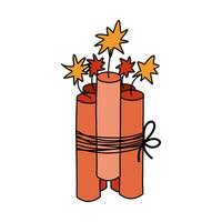Pack of dynamite with lit fuse with hand drawn outline. Colorful doodle sign of bomb, danger. Bundle of burning dynamite bomb stick. Vector illustration isolated on background. Symbol of Wild West.