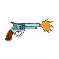Simple cowboy gun with bang sign with hand drawn outline. Magnum revolver for Wild West concept, police officer ammunition or military weapon. Cute vector colorful doodle of pistol, handgun.