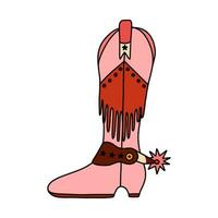 Retro cowgirl boots with traditional fringe and spur. Vector pink doodle with outline of boots in cowboy and western style. Simple funny shoes of Wild West with ornament for postcard, print, design